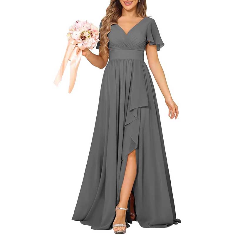 V-Neck Chiffon Bridesmaid Dress With Pocket Short Sleeves & Elegant Side Split