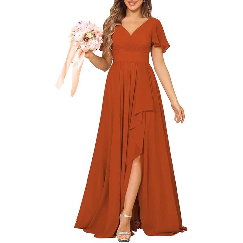 V-Neck Chiffon Bridesmaid Dress With Pocket Short Sleeves & Elegant Side Split
