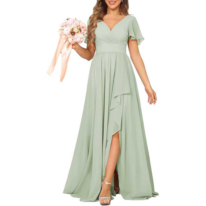 V-Neck Chiffon Bridesmaid Dress With Pocket Short Sleeves & Elegant Side Split