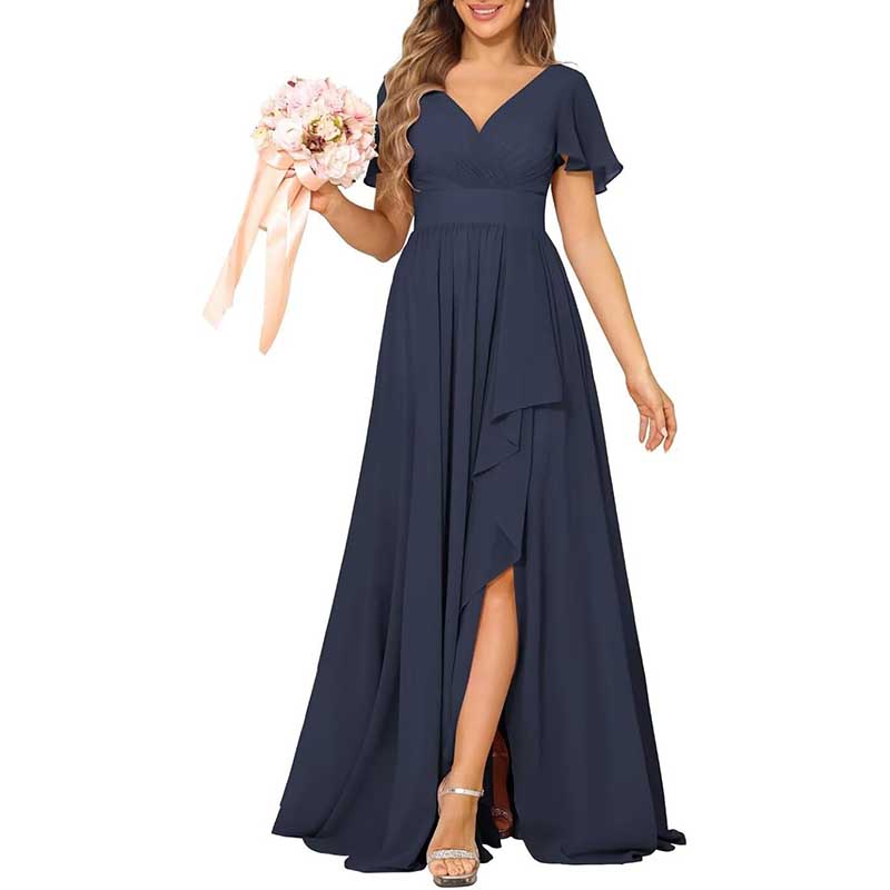 V-Neck Chiffon Bridesmaid Dress With Pocket Short Sleeves & Elegant Side Split