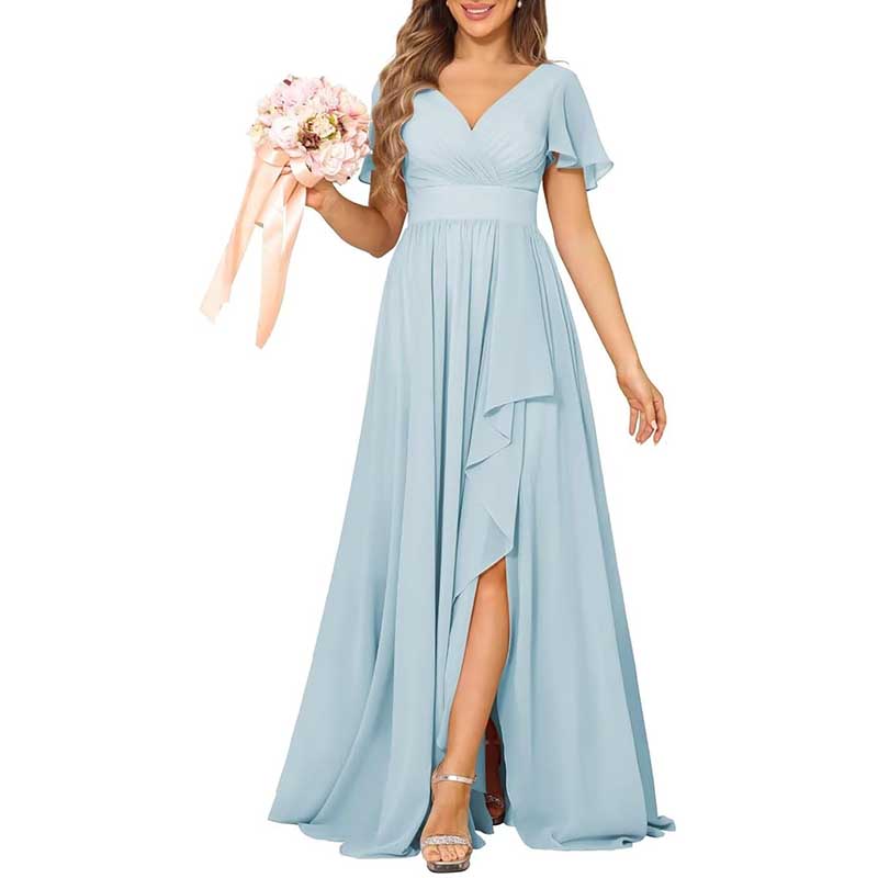 V-Neck Chiffon Bridesmaid Dress With Pocket Short Sleeves & Elegant Side Split