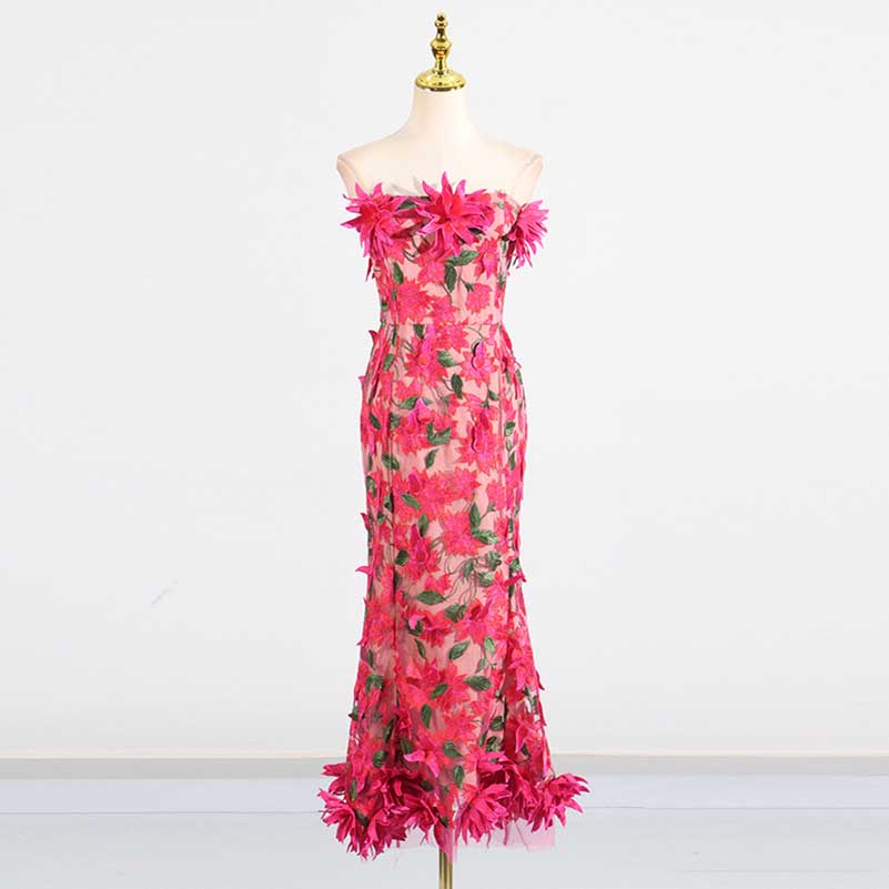 Women's 3D Flower Strapless Midi Dress