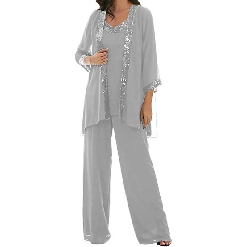 3 Pcs Mother of The Bride Outfit Wedding 3/4 Sleeves Formal Pantsuit with Jacket