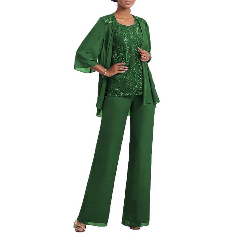 3 Pcs Mother of The Bride Suit Jacketed Lace Applique Formal Set with Sleeves
