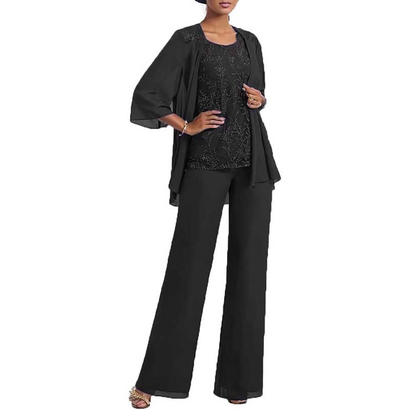 3 Pcs Mother of The Bride Suit Jacketed Lace Applique Formal Set with Sleeves