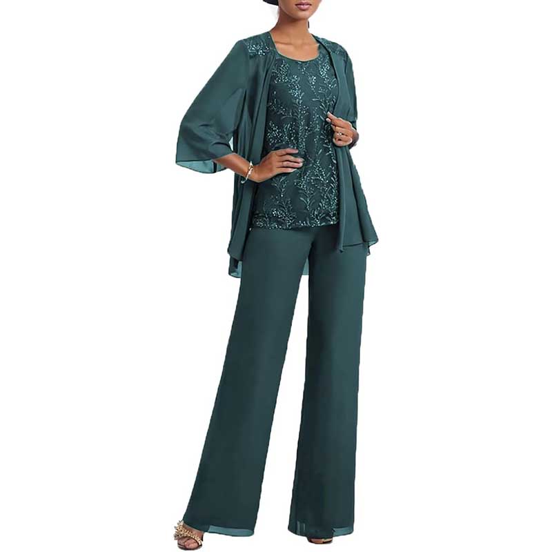 3 Pcs Mother of The Bride Suit Jacketed Lace Applique Formal Set with Sleeves