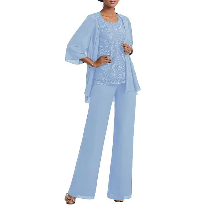 3 Pcs Mother of The Bride Suit Jacketed Lace Applique Formal Set with Sleeves
