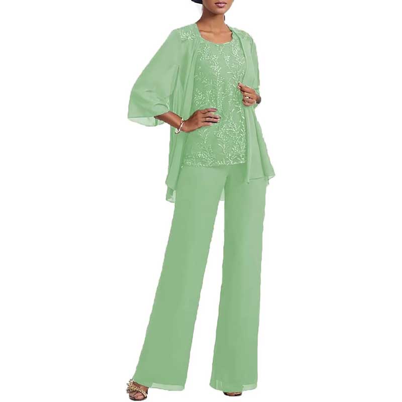 3 Pcs Mother of The Bride Suit Jacketed Lace Applique Formal Set with Sleeves