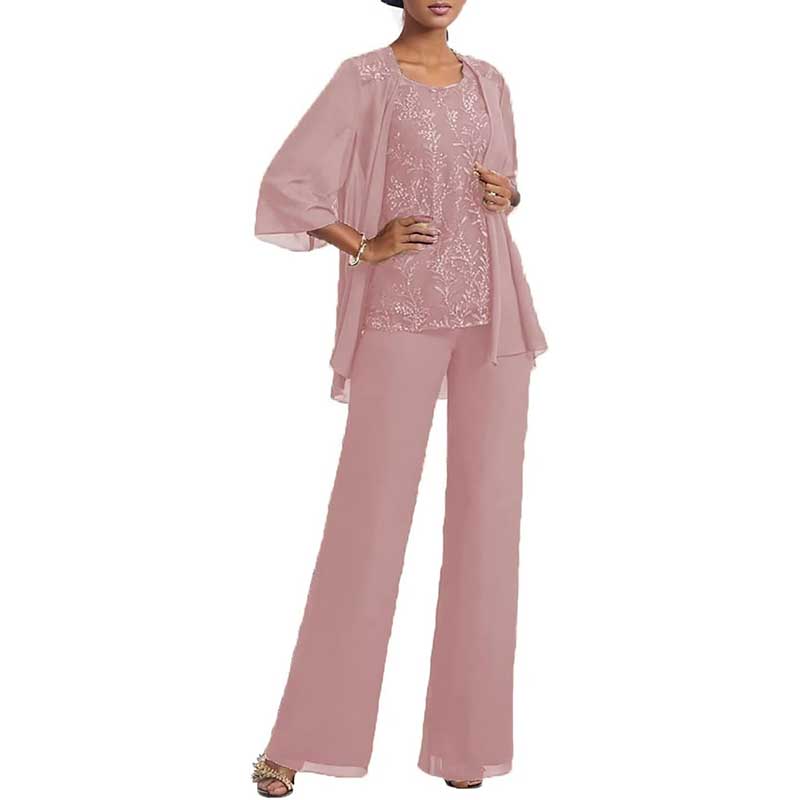 3 Pcs Mother of The Bride Suit Jacketed Lace Applique Formal Set with Sleeves