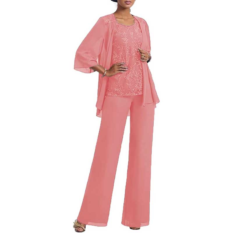3 Pcs Mother of The Bride Suit Jacketed Lace Applique Formal Set with Sleeves