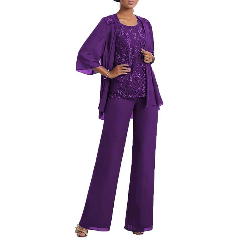 3 Pcs Mother of The Bride Suit Jacketed Lace Applique Formal Set with Sleeves