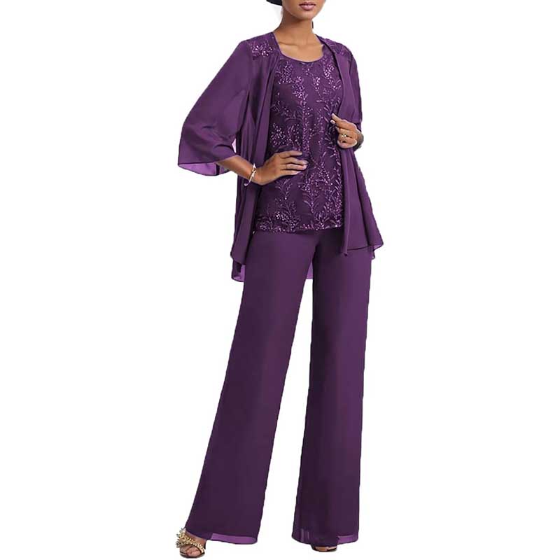 3 Pcs Mother of The Bride Suit Jacketed Lace Applique Formal Set with Sleeves