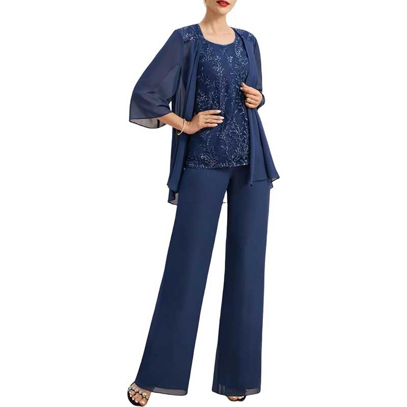 3 Pcs Mother of The Bride Suit Jacketed Lace Applique Formal Set with Sleeves