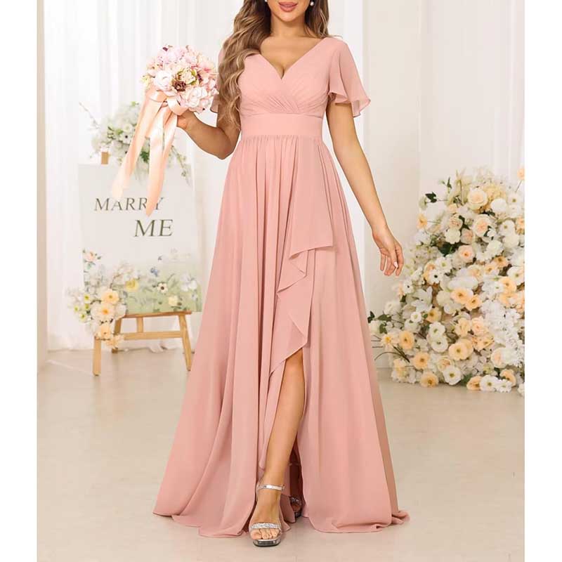 V-Neck Chiffon Bridesmaid Dress With Pocket Short Sleeves & Elegant Side Split