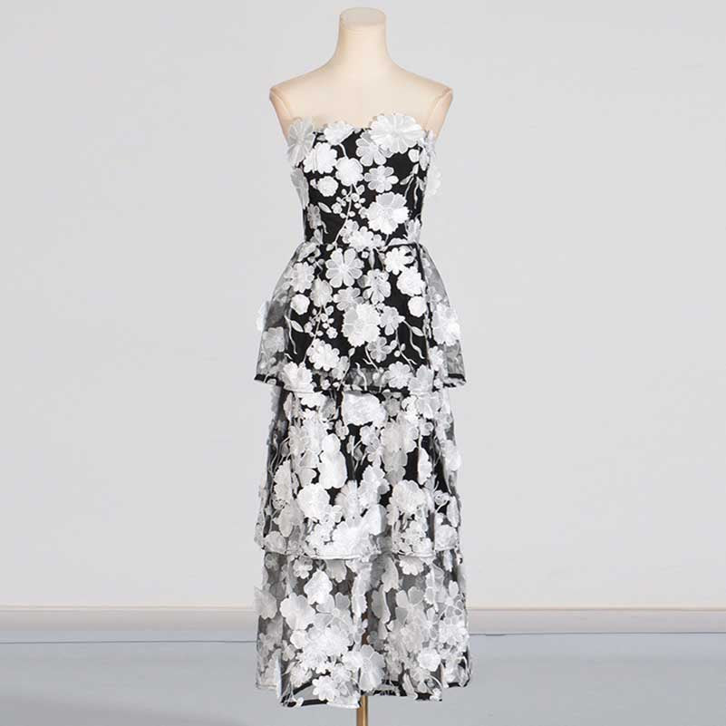 3D Floral Flower Strapless Midi Dress