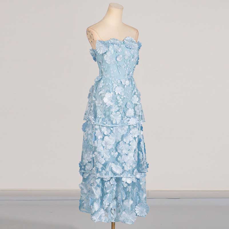 3D Floral Flower Strapless Midi Dress