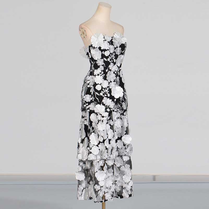 3D Floral Flower Strapless Midi Dress