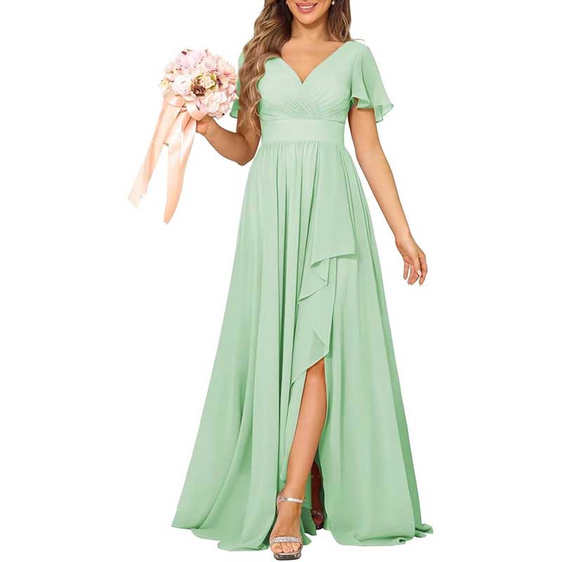 V-Neck Chiffon Bridesmaid Dress With Pocket Short Sleeves & Elegant Side Split