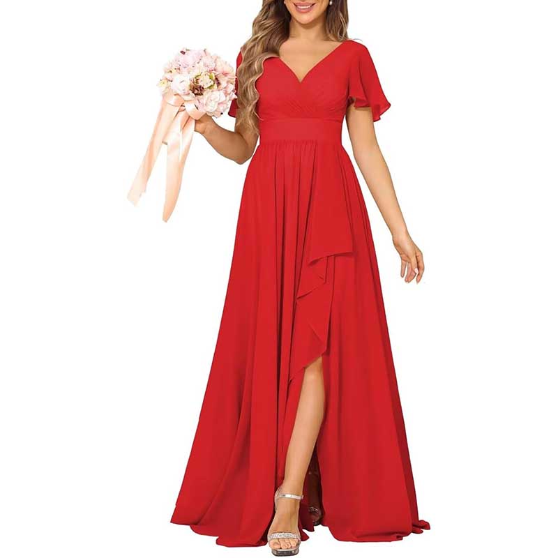 V-Neck Chiffon Bridesmaid Dress With Pocket Short Sleeves & Elegant Side Split