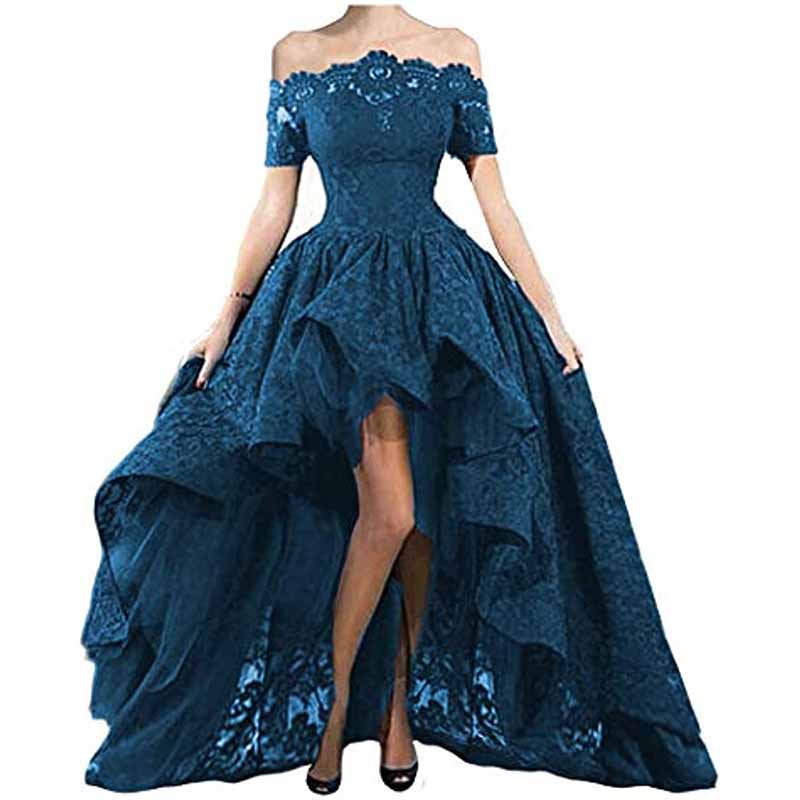 Off Shoulder Prom Dresses High Low Puffy Formal Lace Evening Ball Gowns