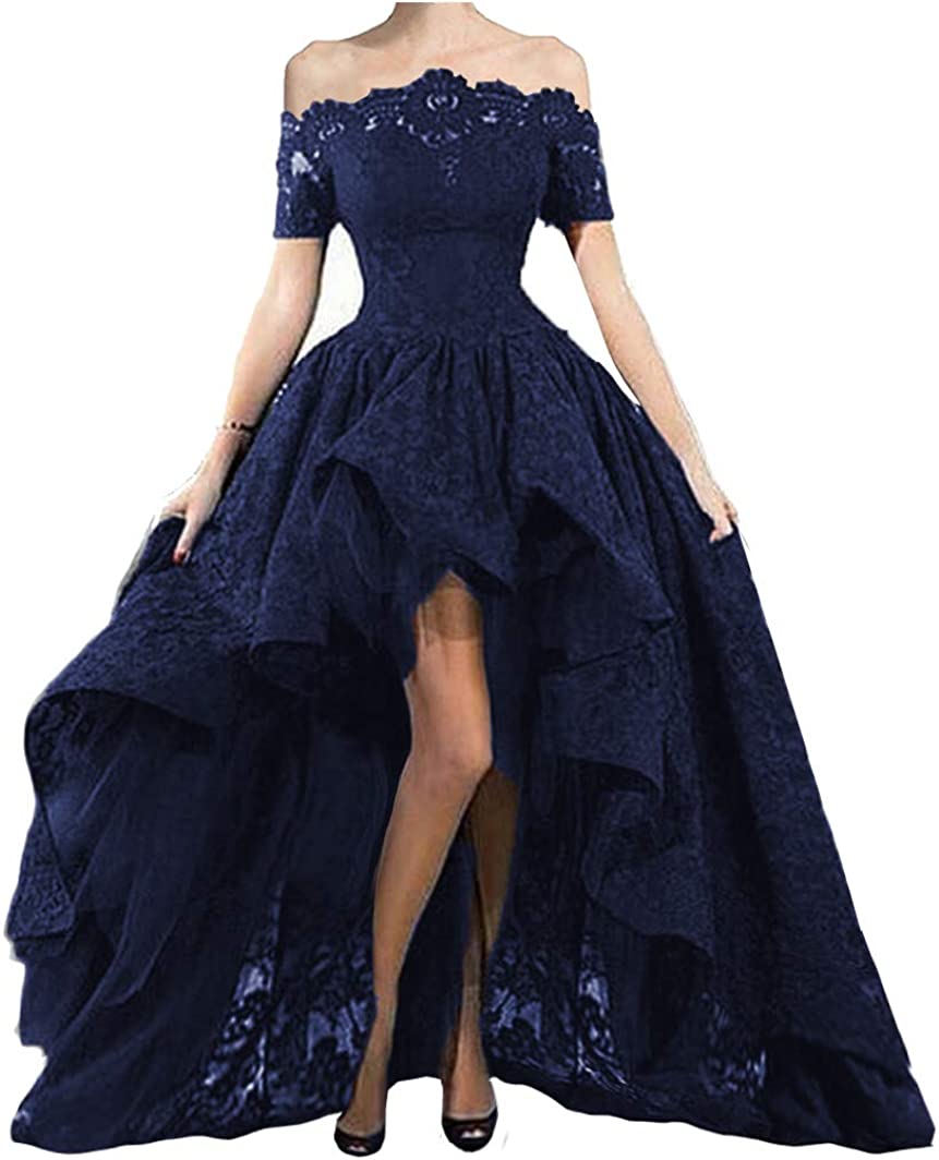 Off Shoulder Prom Dresses High Low Puffy Formal Lace Evening Ball Gowns