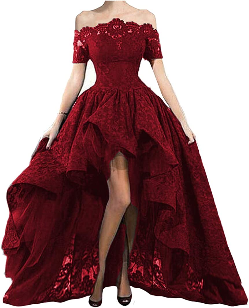 Off Shoulder Prom Dresses High Low Puffy Formal Lace Evening Ball Gowns