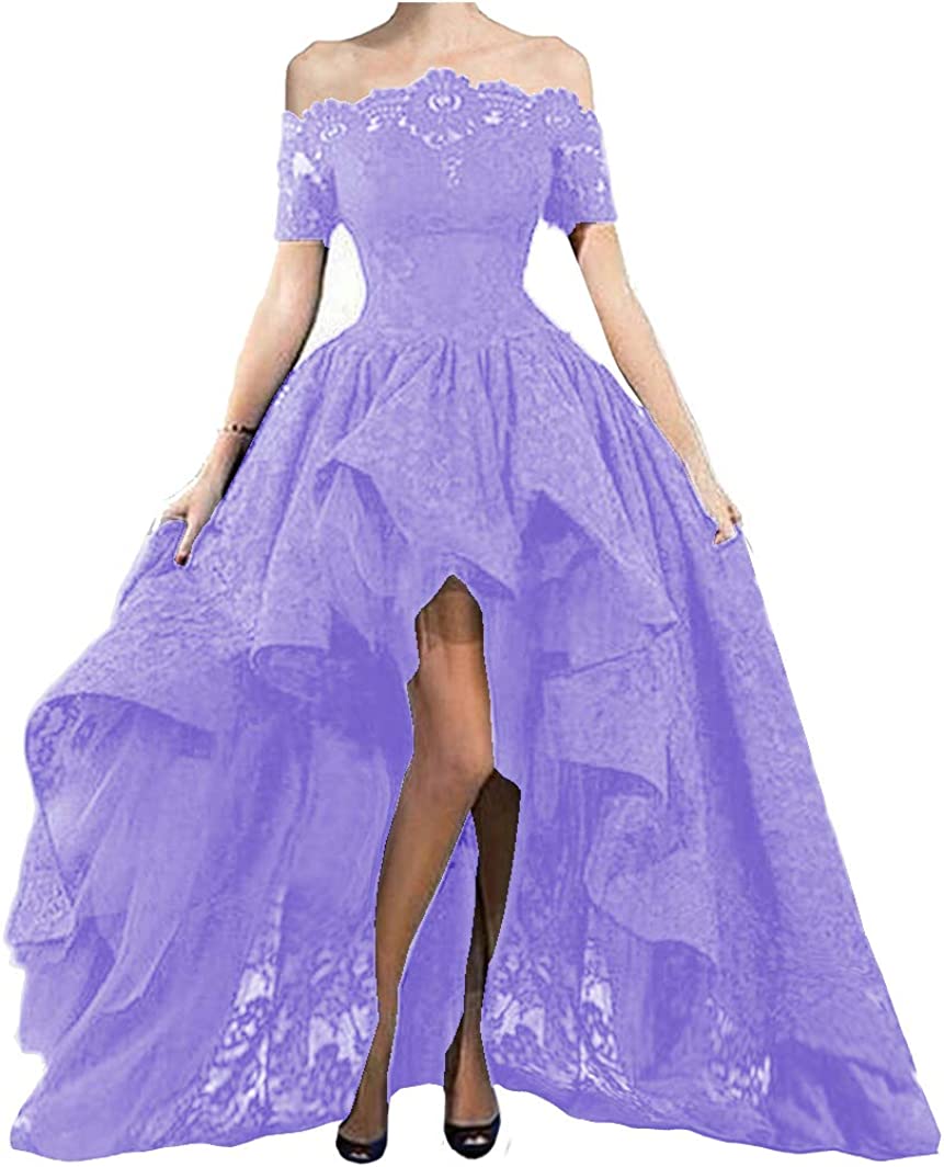 Off Shoulder Prom Dresses High Low Puffy Formal Lace Evening Ball Gowns
