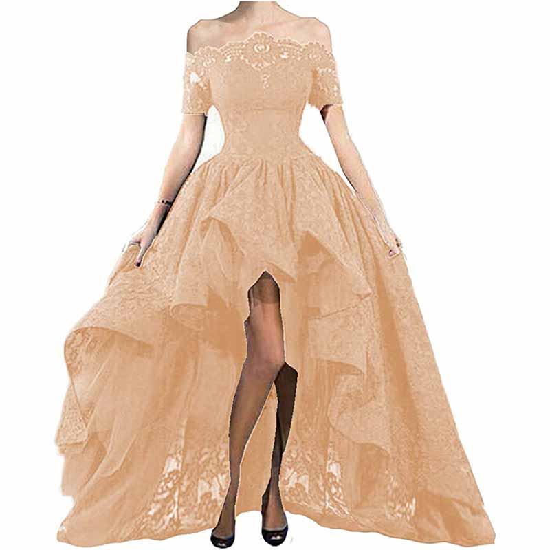 Off Shoulder Prom Dresses High Low Puffy Formal Lace Evening Ball Gowns