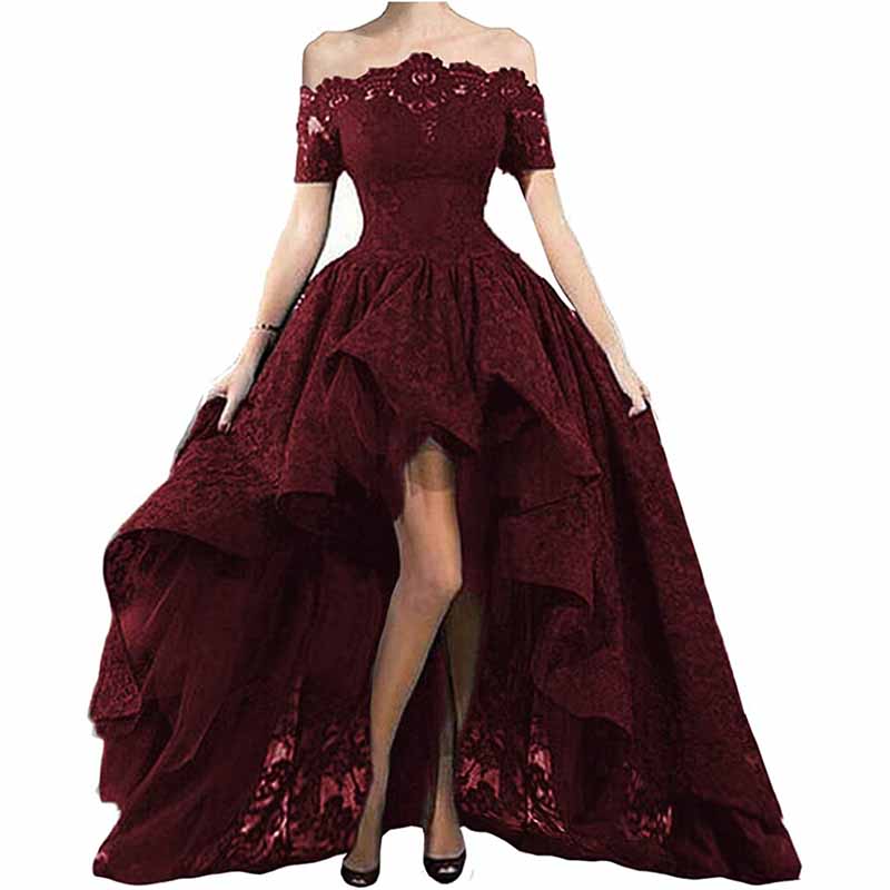 Off Shoulder Prom Dresses High Low Puffy Formal Lace Evening Ball Gowns