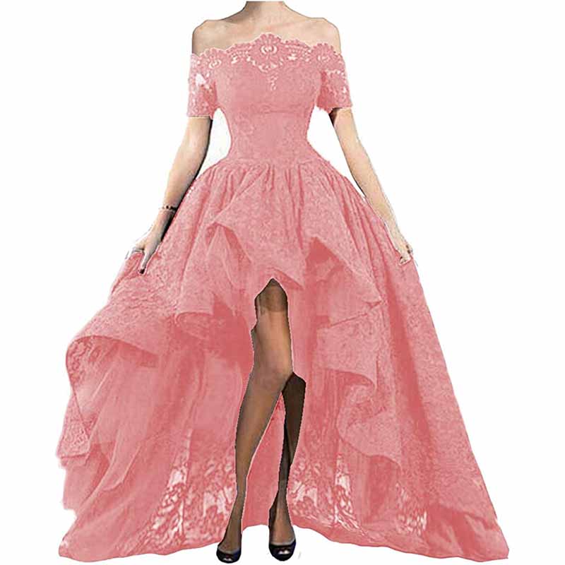 Off Shoulder Prom Dresses High Low Puffy Formal Lace Evening Ball Gowns