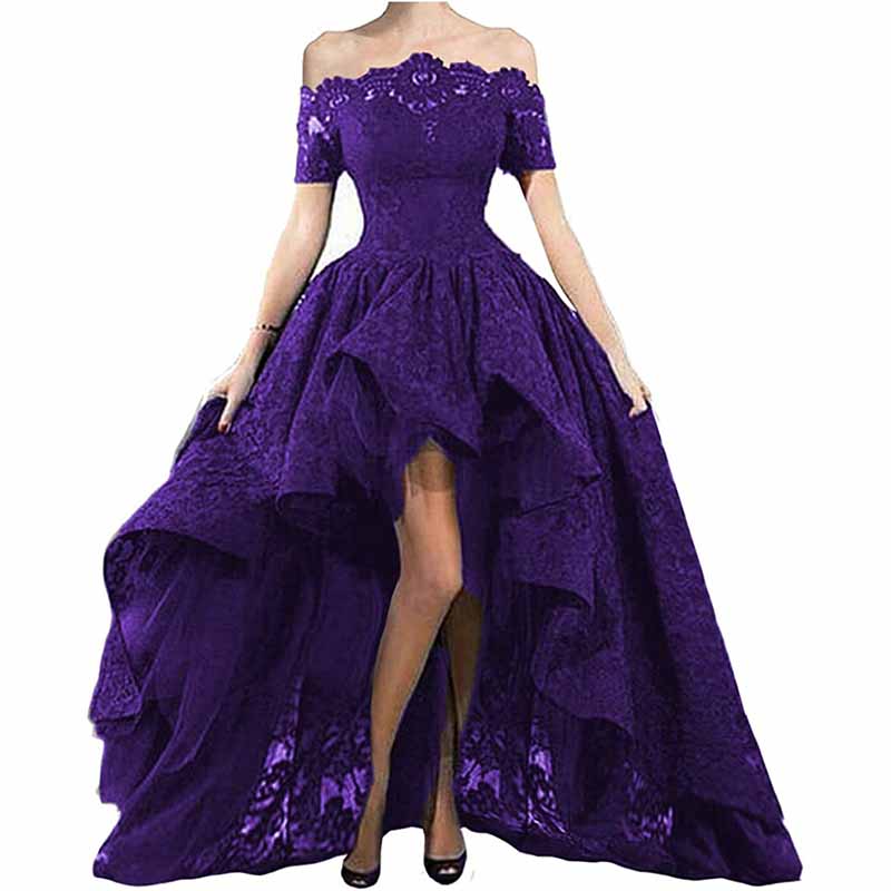 Off Shoulder Prom Dresses High Low Puffy Formal Lace Evening Ball Gowns