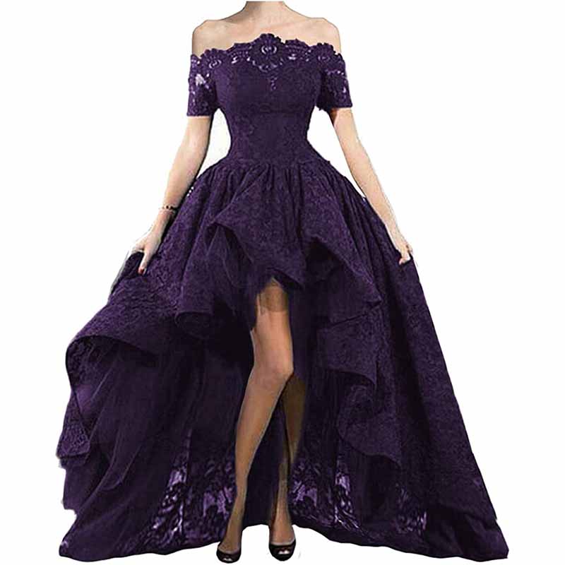 Off Shoulder Prom Dresses High Low Puffy Formal Lace Evening Ball Gowns