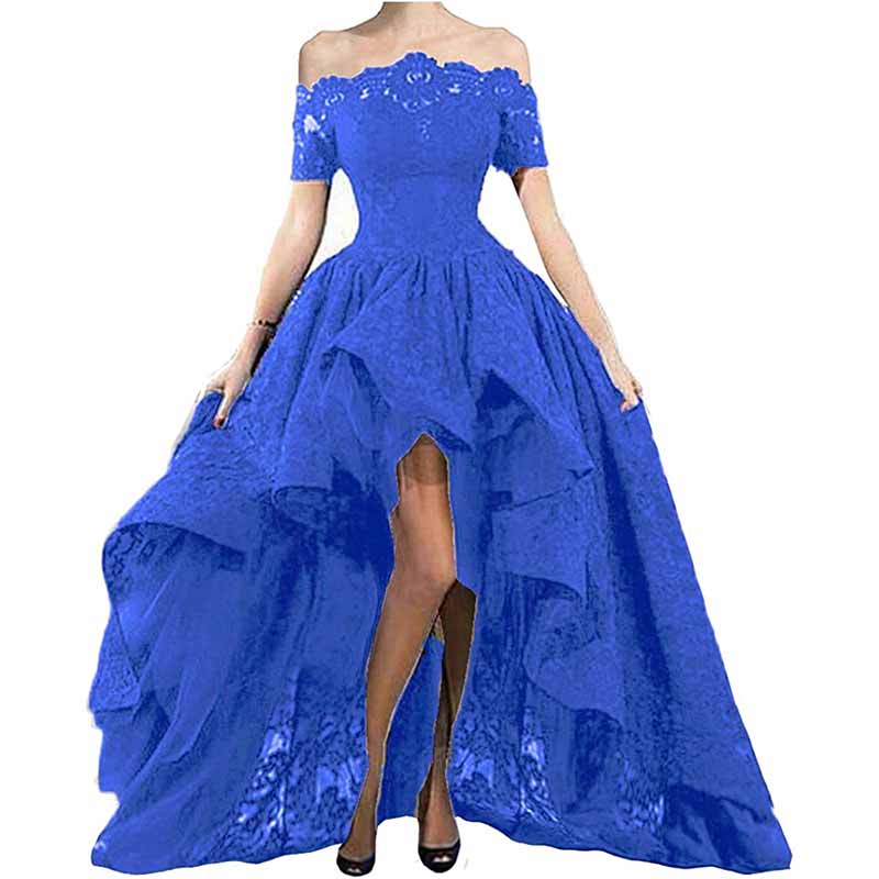 Off Shoulder Prom Dresses High Low Puffy Formal Lace Evening Ball Gowns