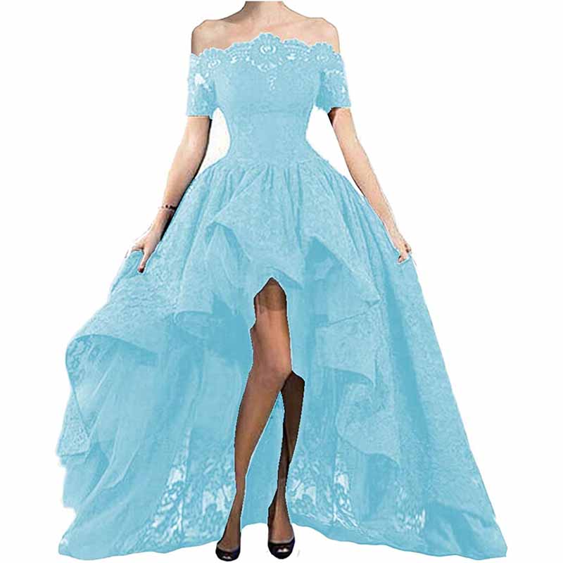 Off Shoulder Prom Dresses High Low Puffy Formal Lace Evening Ball Gowns