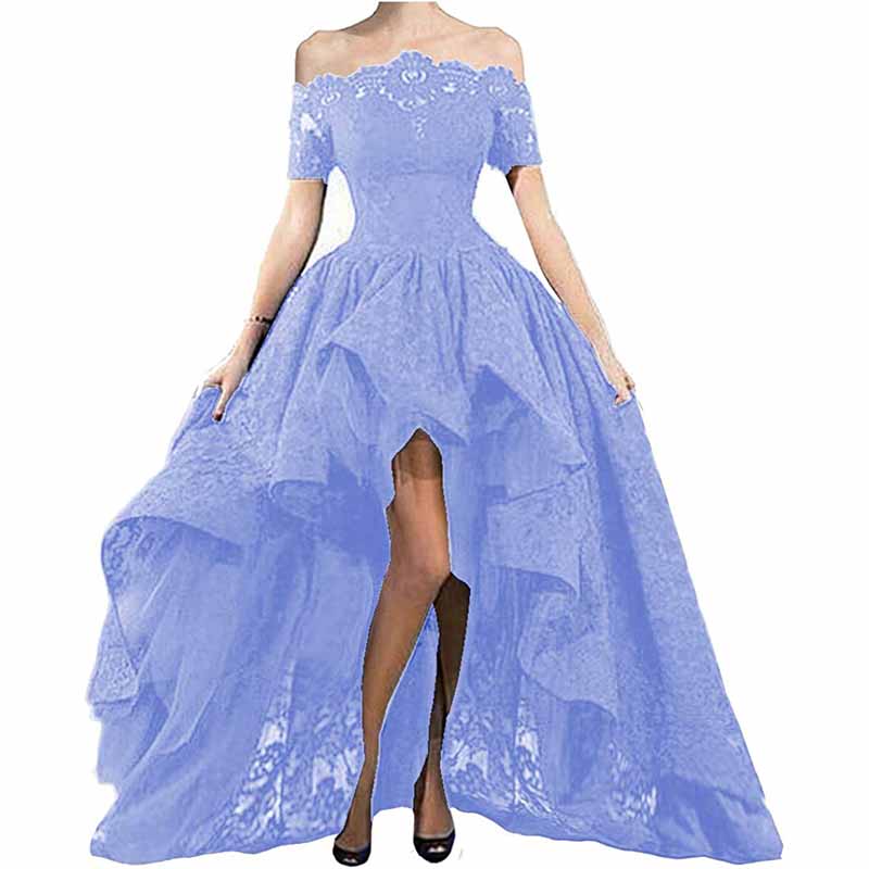 Off Shoulder Prom Dresses High Low Puffy Formal Lace Evening Ball Gowns