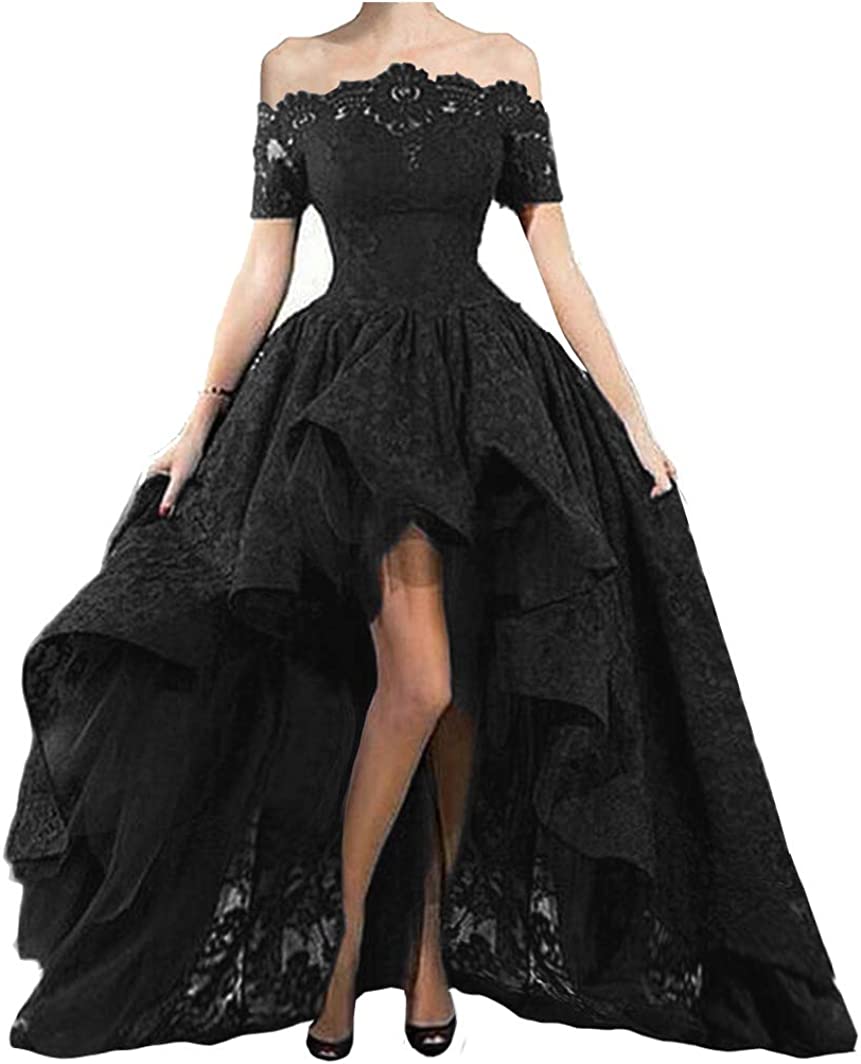 Off Shoulder Prom Dresses High Low Puffy Formal Lace Evening Ball Gowns