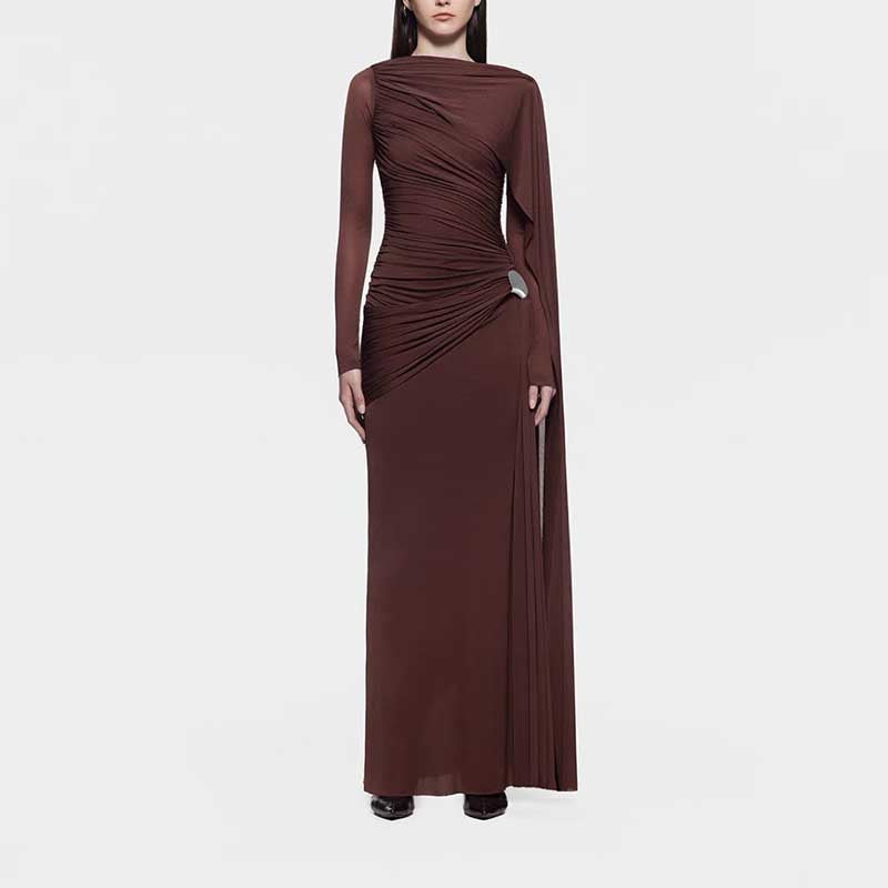 Shawl Ruched Draped Maxi Dress Long Sleeve Prom Dresses