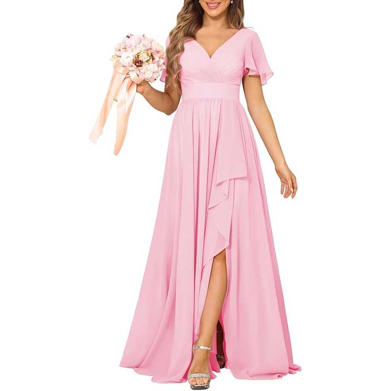 V-Neck Chiffon Bridesmaid Dress With Pocket Short Sleeves & Elegant Side Split