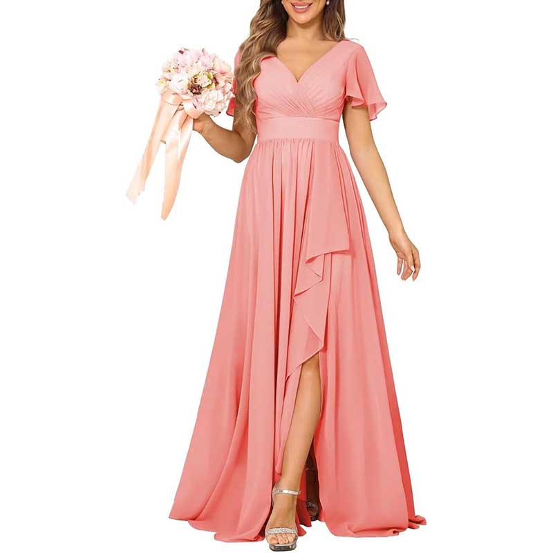 V-Neck Chiffon Bridesmaid Dress With Pocket Short Sleeves & Elegant Side Split