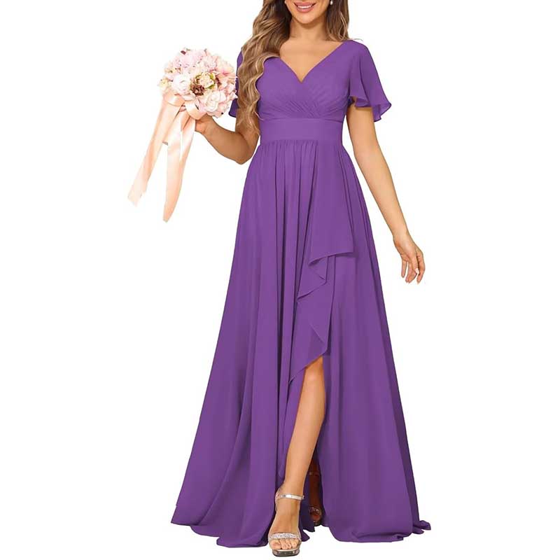 V-Neck Chiffon Bridesmaid Dress With Pocket Short Sleeves & Elegant Side Split