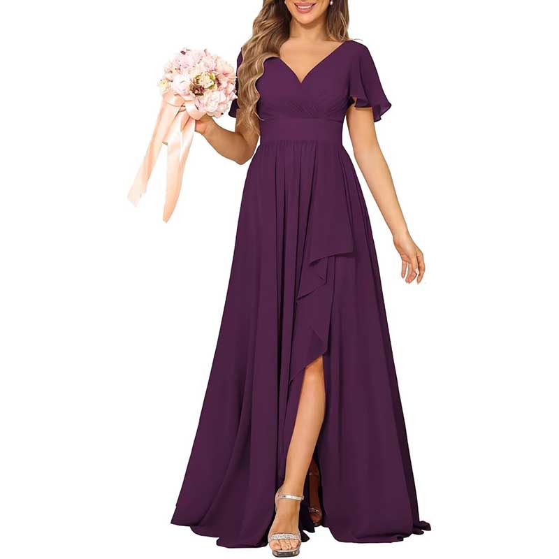 V-Neck Chiffon Bridesmaid Dress With Pocket Short Sleeves & Elegant Side Split