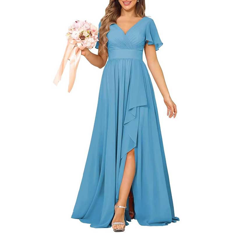 V-Neck Chiffon Bridesmaid Dress With Pocket Short Sleeves & Elegant Side Split