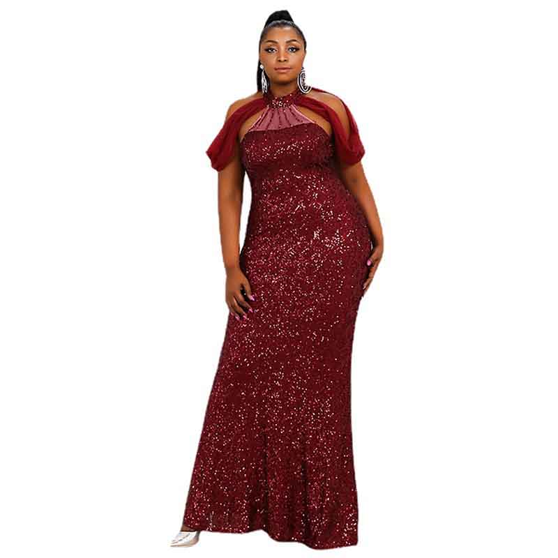 Plus Size Party Dress Sequin Burgundy Maxi Formal Dress Prom Gowns