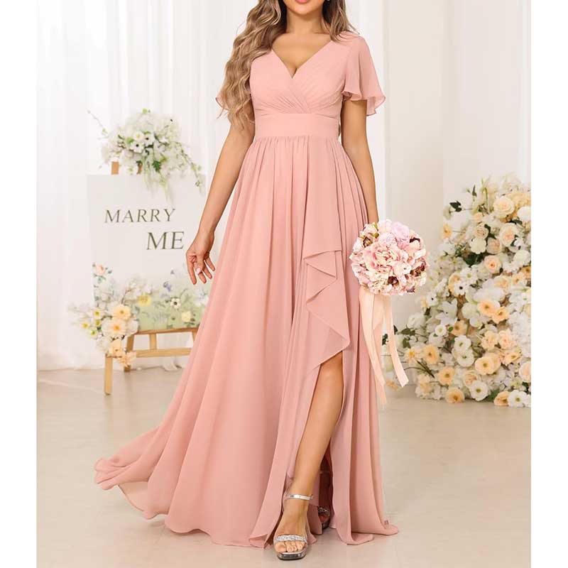 V-Neck Chiffon Bridesmaid Dress With Pocket Short Sleeves & Elegant Side Split