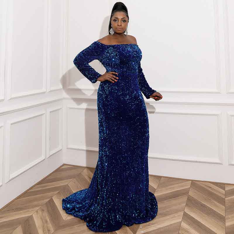 Plus Size Sequin Navy Blue Maxi Dress with Sleeves Evening Gowns