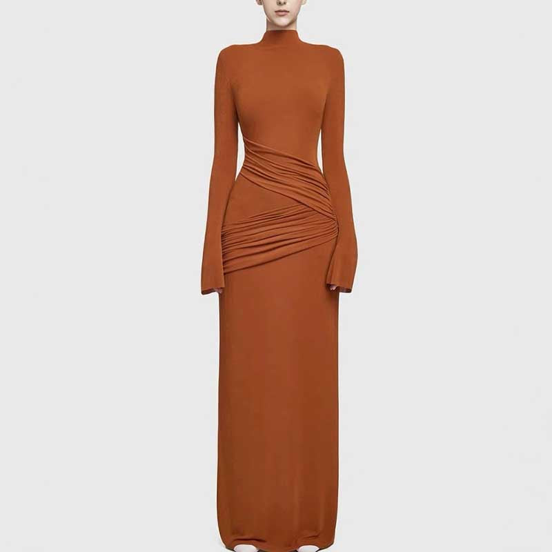 Ruch Bodycon Long Sleeve Maxi Dress Long Evening Dresses in rust with long sleeves and ruch detailing.