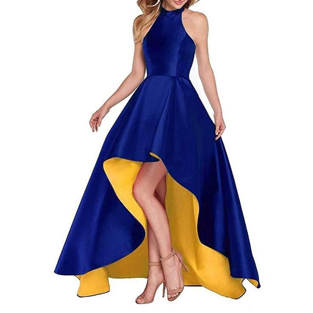 High Low Satin Prom Dress Halter Wedding Guest Dress Party Ball Gown