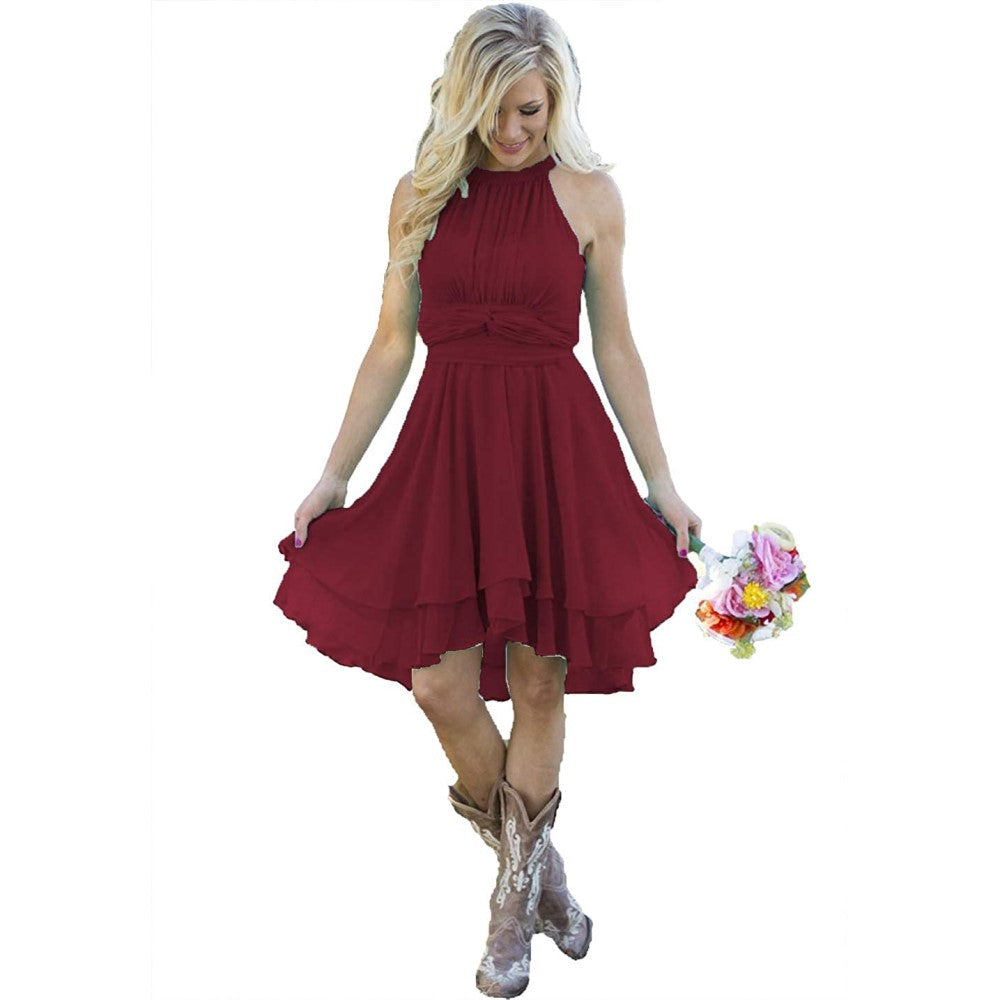 Western Wedding Guest Dress Chiffon Knee Length Bridesmaid Dress