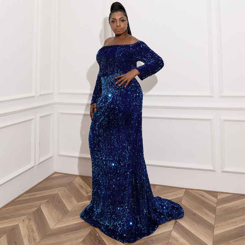 Plus Size Sequin Navy Blue Maxi Dress with Sleeves Evening Gowns