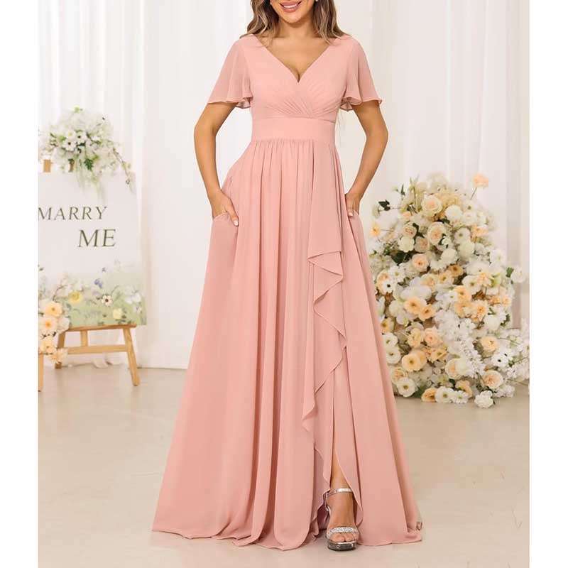 V-Neck Chiffon Bridesmaid Dress With Pocket Short Sleeves & Elegant Side Split